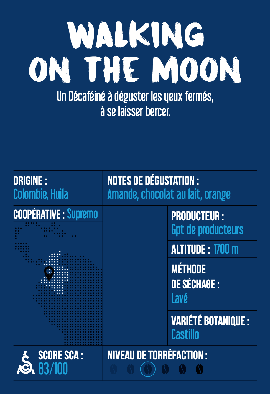Walking on the moon - Café de spécialité DÉCAFÉINÉ de Colombie - Notes sucrées et d'agrumes